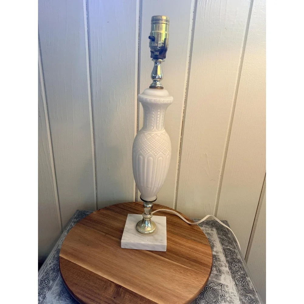 Vintage Frosted Satin Glass Table Lamp White Marble Base MCM Neoclassical White - Picture 2 of 16